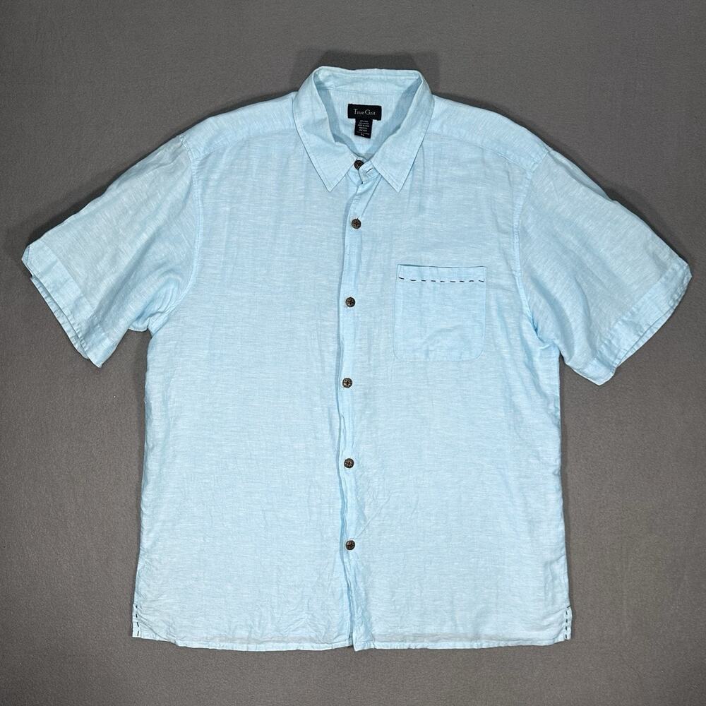 True Grit Linen Cotton Shirt Men’s XL Light Blue Short Sleeve Button Up